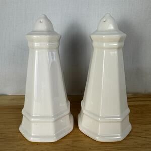 Pfaltzgraff Heritage White Lighthouse Salt Pepper w/ Stoppers Nautical Stoneware